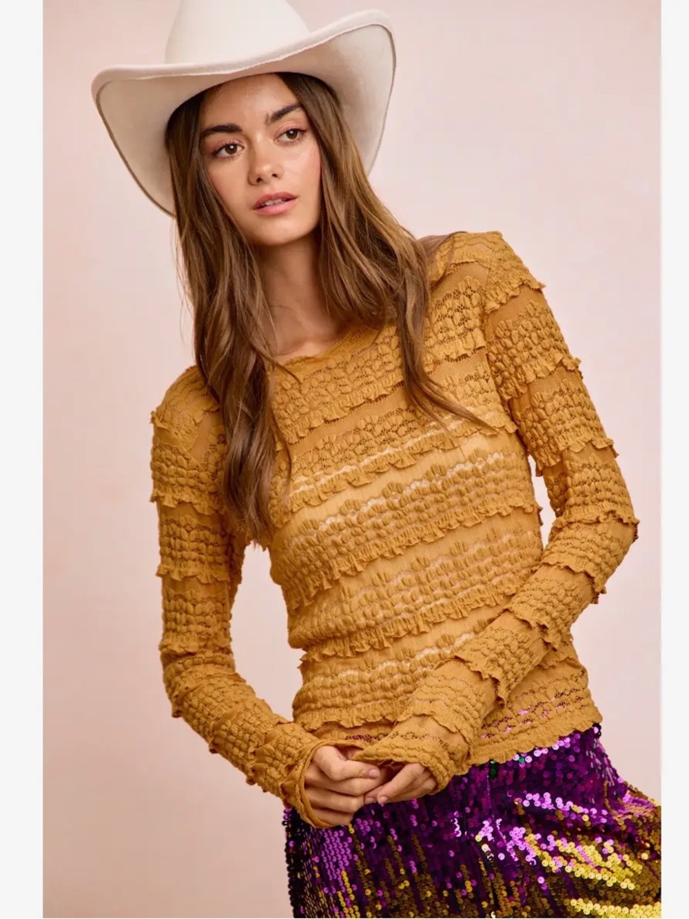 285. BiBi Mustard Ruffle & Lace Sheer Long Sleeve Top